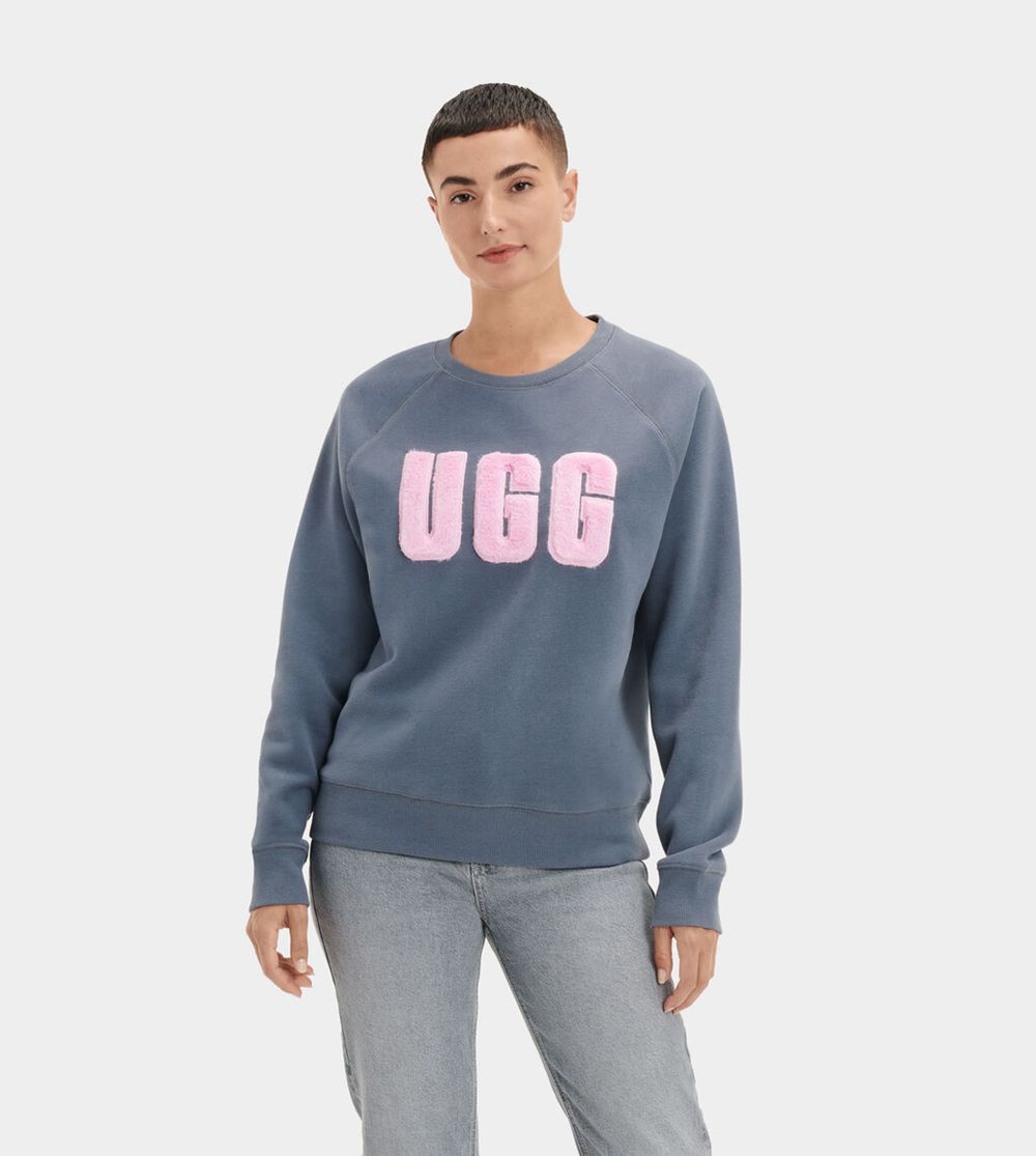 Ugg Sweatshirt Womens - Ugg Madeline Fuzzy Logo Crewneck Navy - 428PCZDMH